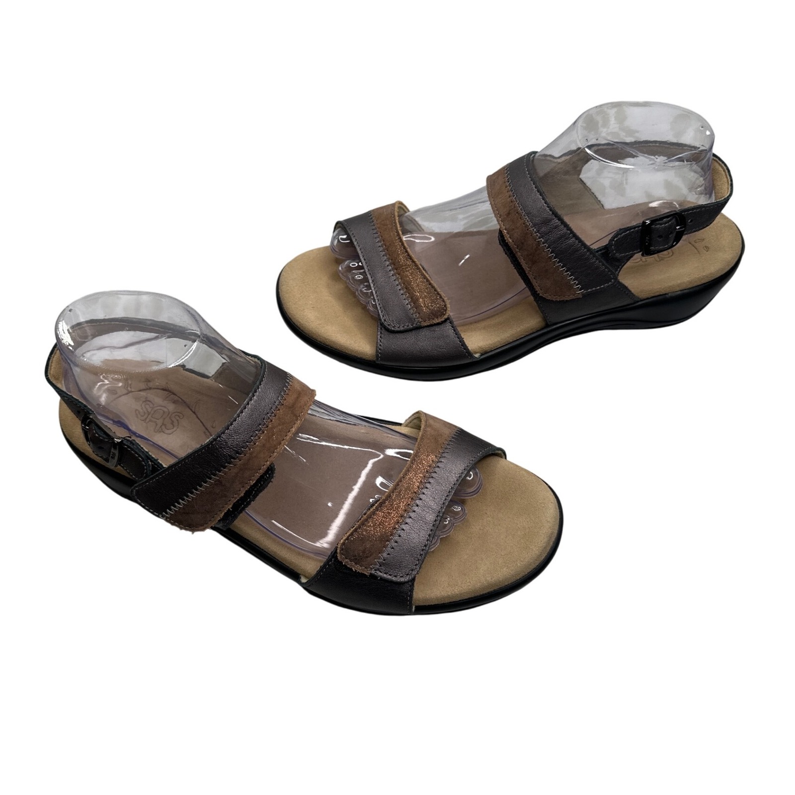 Sas Nudu Sandal Women's 10m Brown Pewter Leather Comfort Shoe Hook Loop Buckle